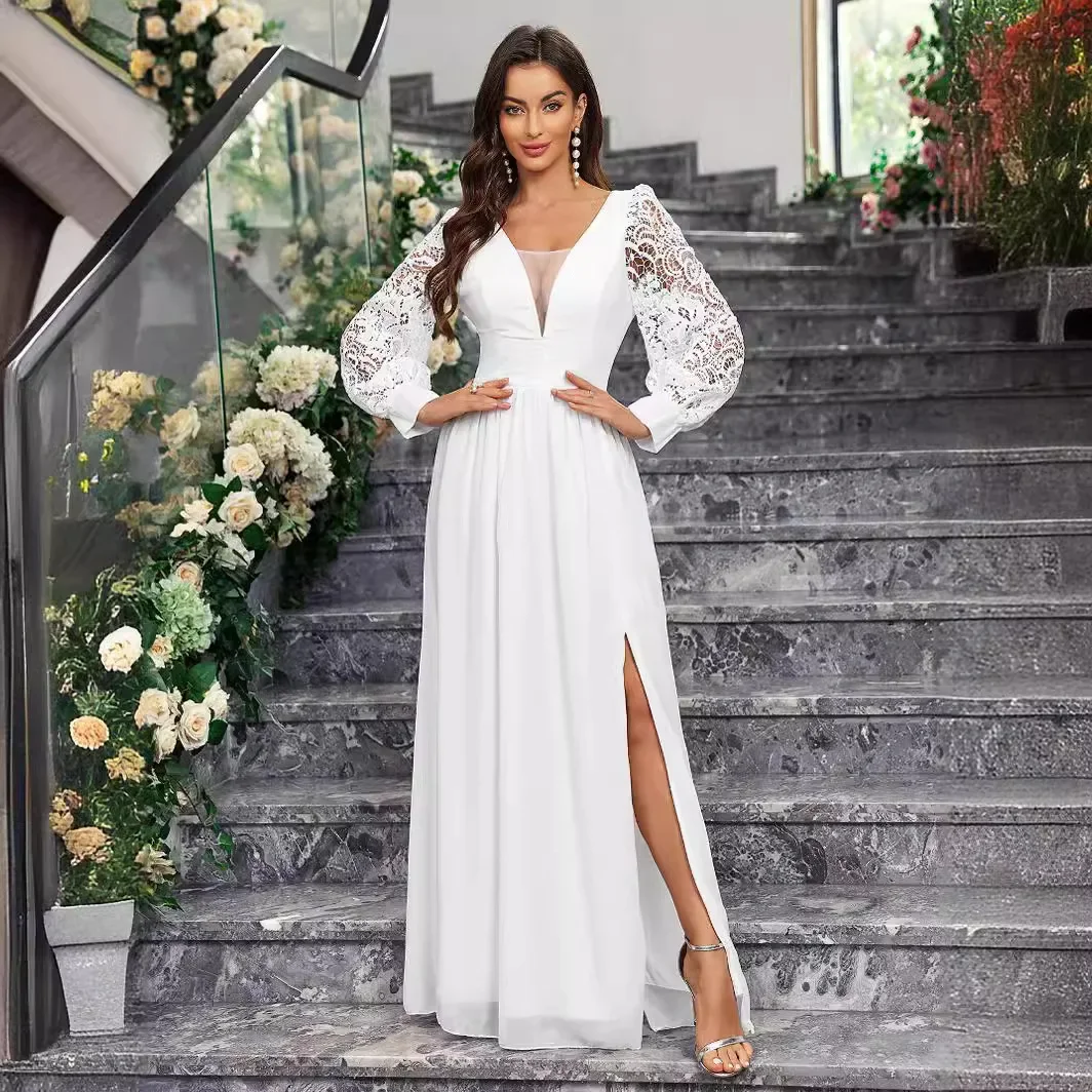 Women Chiffon Dress White Lace Long Sleeve Bohemian Low V Back Design Slim Fit A-line Slit Wedding Beach Formal Occasions