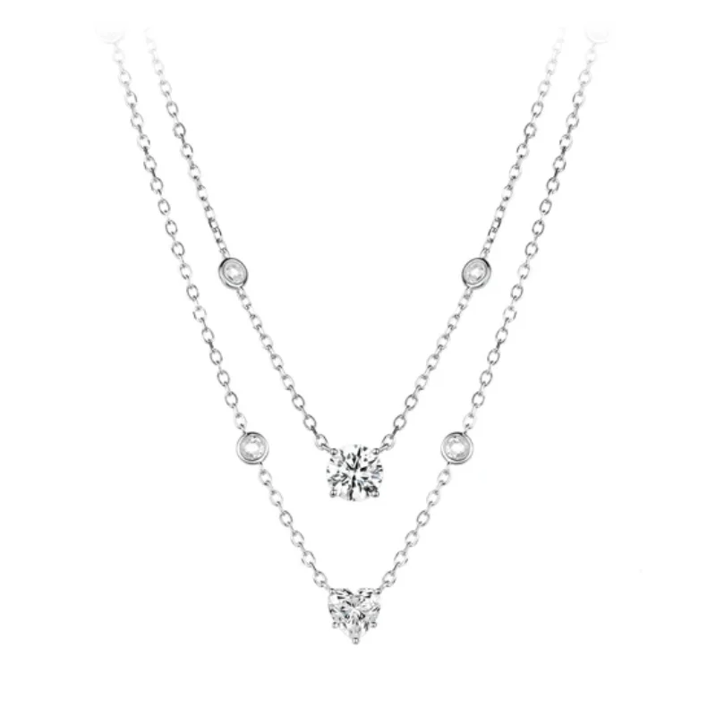 

CAMEO 925 Silver Synthetic Zircon White Round Diamond Peach Heart Double Layer Simple Fashion Necklace