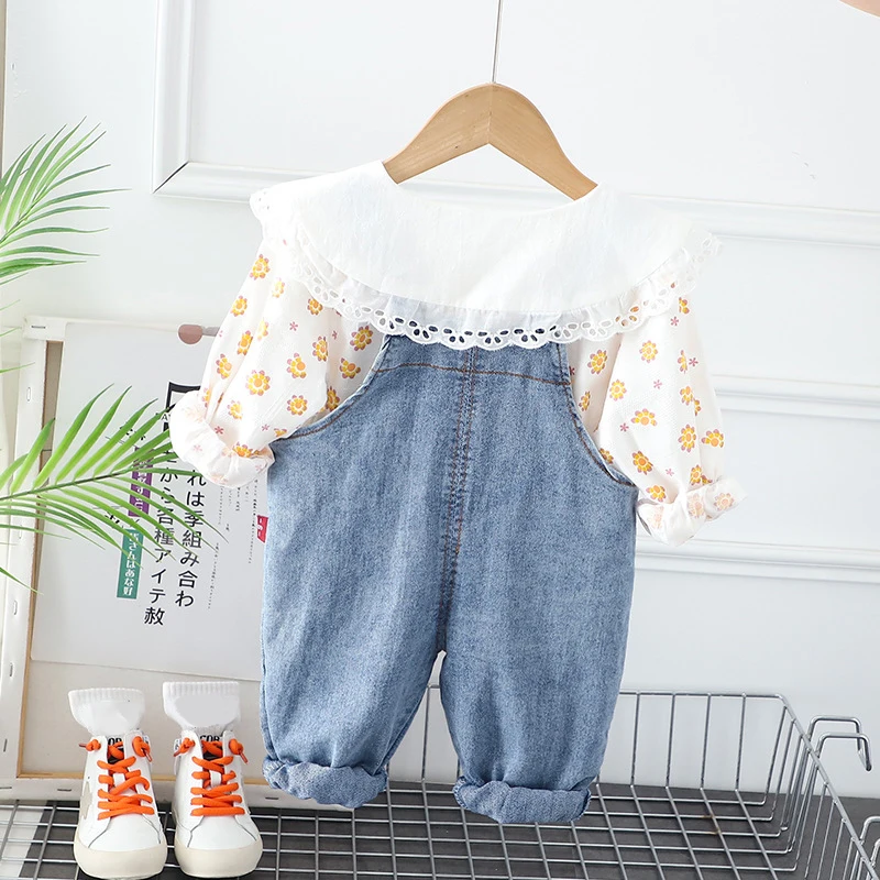 MILANCEL New Spring Kids Clothes Set Girls Cute Flower Blouse + Denim Overalls Children Outwear 2PCS