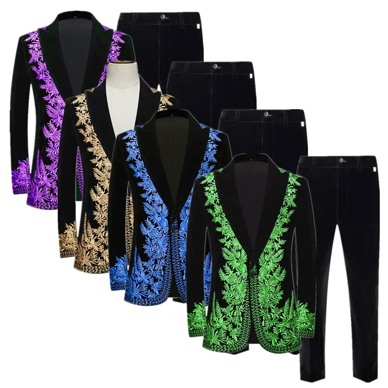 

2025 New Men's Black Velvet Suits Gold Green Blue Fashion Male Wedding Banquet Prom Party Dress Embroidered Blazer and Pant
