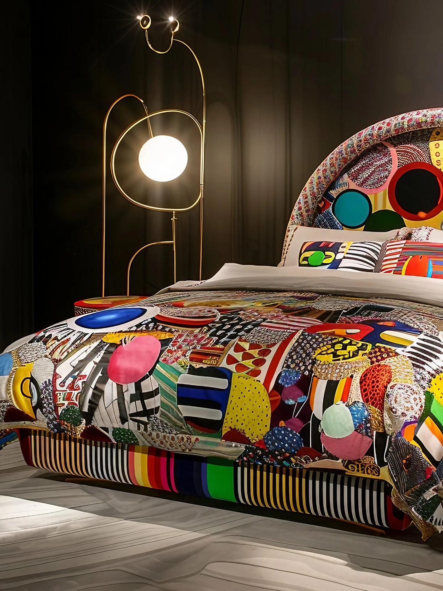 Cama de casal em tecido com impressão e tingimento de bolinhas dopamina