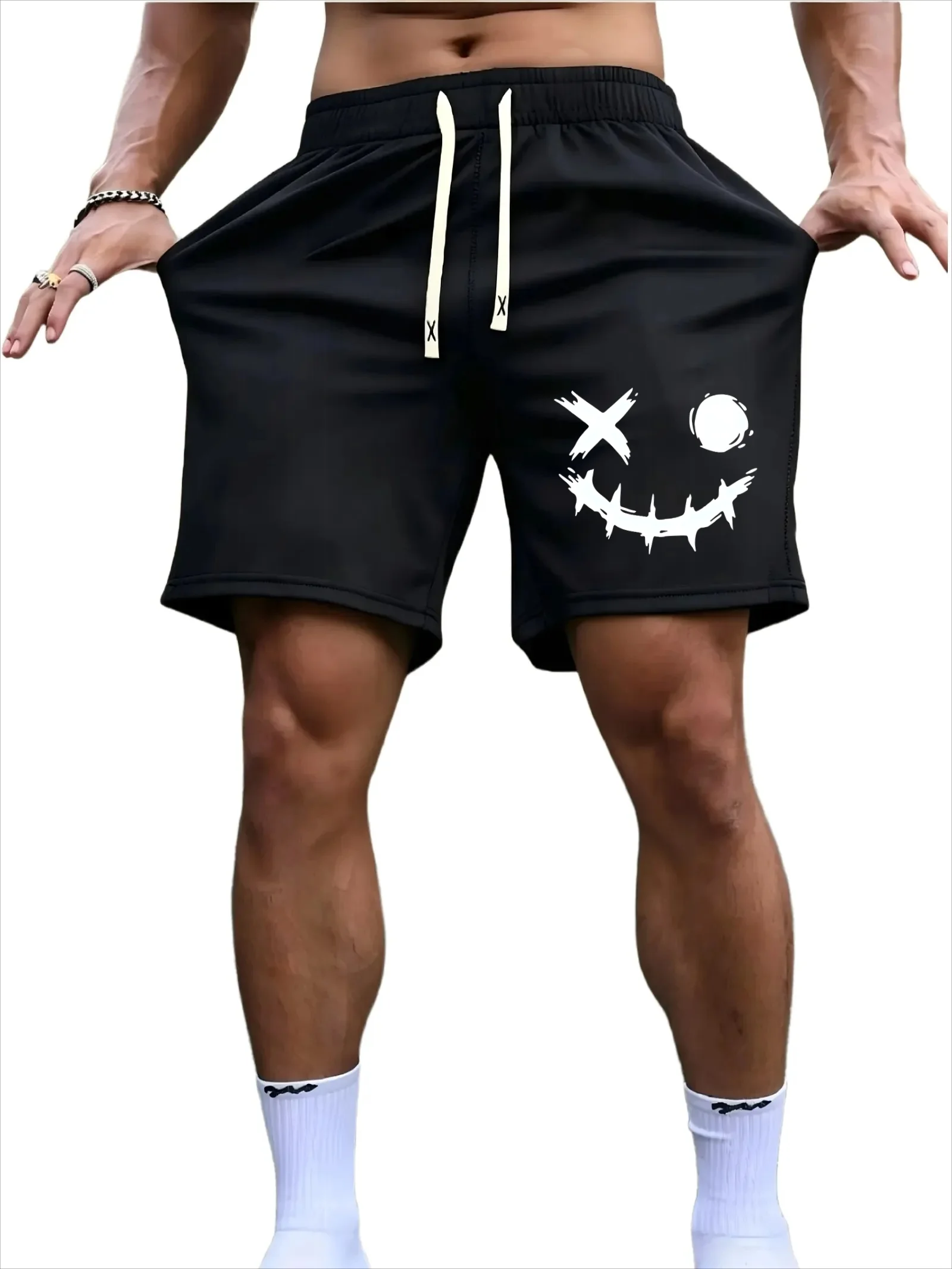 Men's Abstract Letter Printed Casual Shorts - Elastic Waist Design, Medium Waist Regular Version