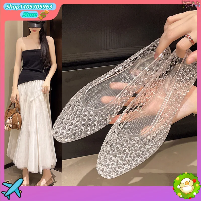 Korean Crystal PVC Jelly Shoe Square Toe Slip on Flat Sandals Outdoor Casual Lazy Slides Dancing Shoe Women Shallow Single Shoes