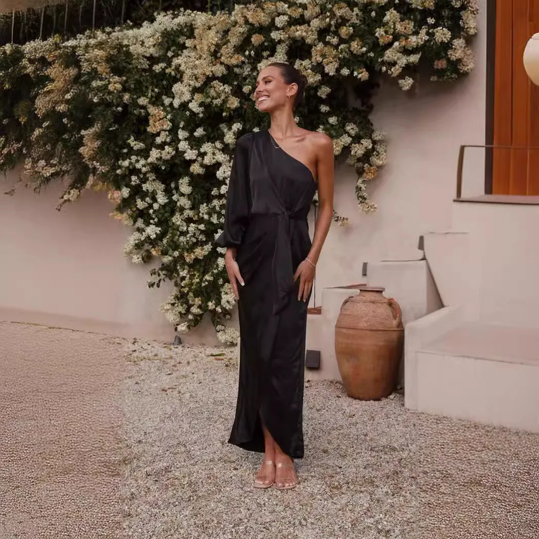 25 anni Abito sexy con maniche a lanterna in raso con spalline asimmetriche e cravatta in vita per le donne Nuovo stile - 23125