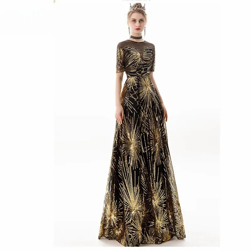 Evening Dress Black Gold Sequins O-neck Short Sleeves Floor-Length A-line Plus Size Robe De Soiree Women Party Formal Gown E823