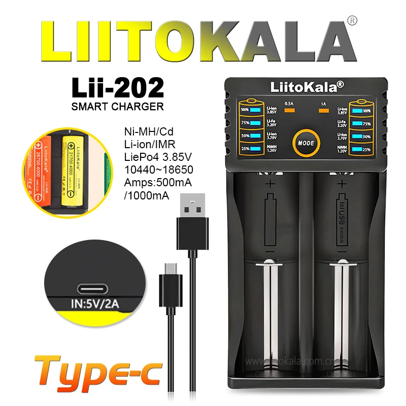 LiitoKala Lii-202 USB-C Dual-Slot Smart Charger for Ni-MH/Ni-Cd 1.2V AA/AAA,Li-ion 3.7V/4.2V 18650~26650 Fast Charge & Portable