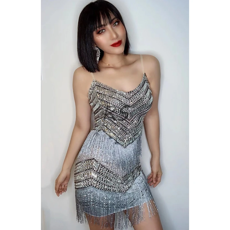 Women's Shining Silver Ball Gown Dress with Rhinestones & Sling Fringes for Parties Birthdays Prom Celebrations & Performances