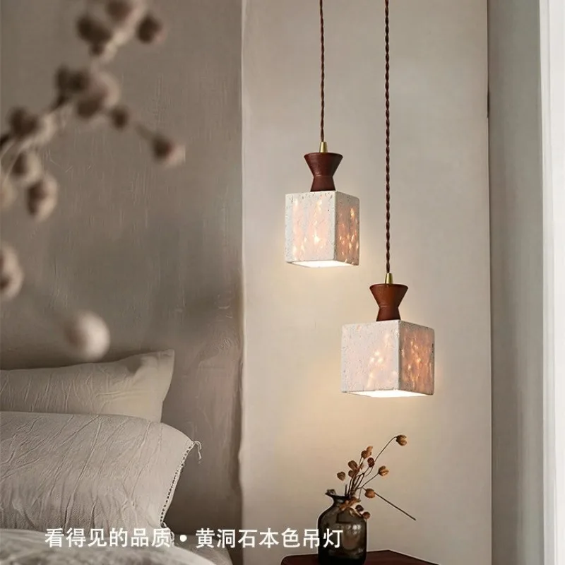 Natural Travertine Square LED Pendant Light Wind Wabi Sabi Wind Suspension Luminaire Homestay Coffee Restaurant Study Luminaires
