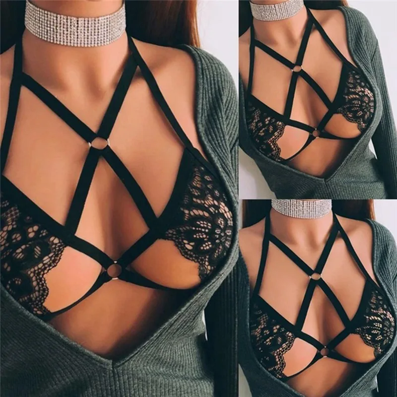 Sexy Bondage Harness Fetish Wear Body Cage Bra Open Chest Harness Bra Harajuku Style Body Harness Belt Women Crop Top Bodysuit