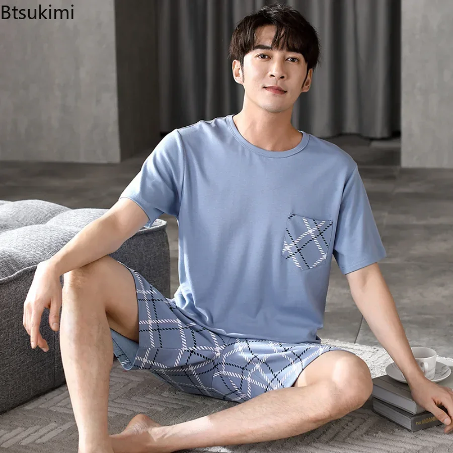 

2025 Men's Summer Casual Cotton Sleepwear Sets Short Sleeve Shirts and Shorts Men 2PCS Sleepwear Pyjamas Male Homsuit Loungewear