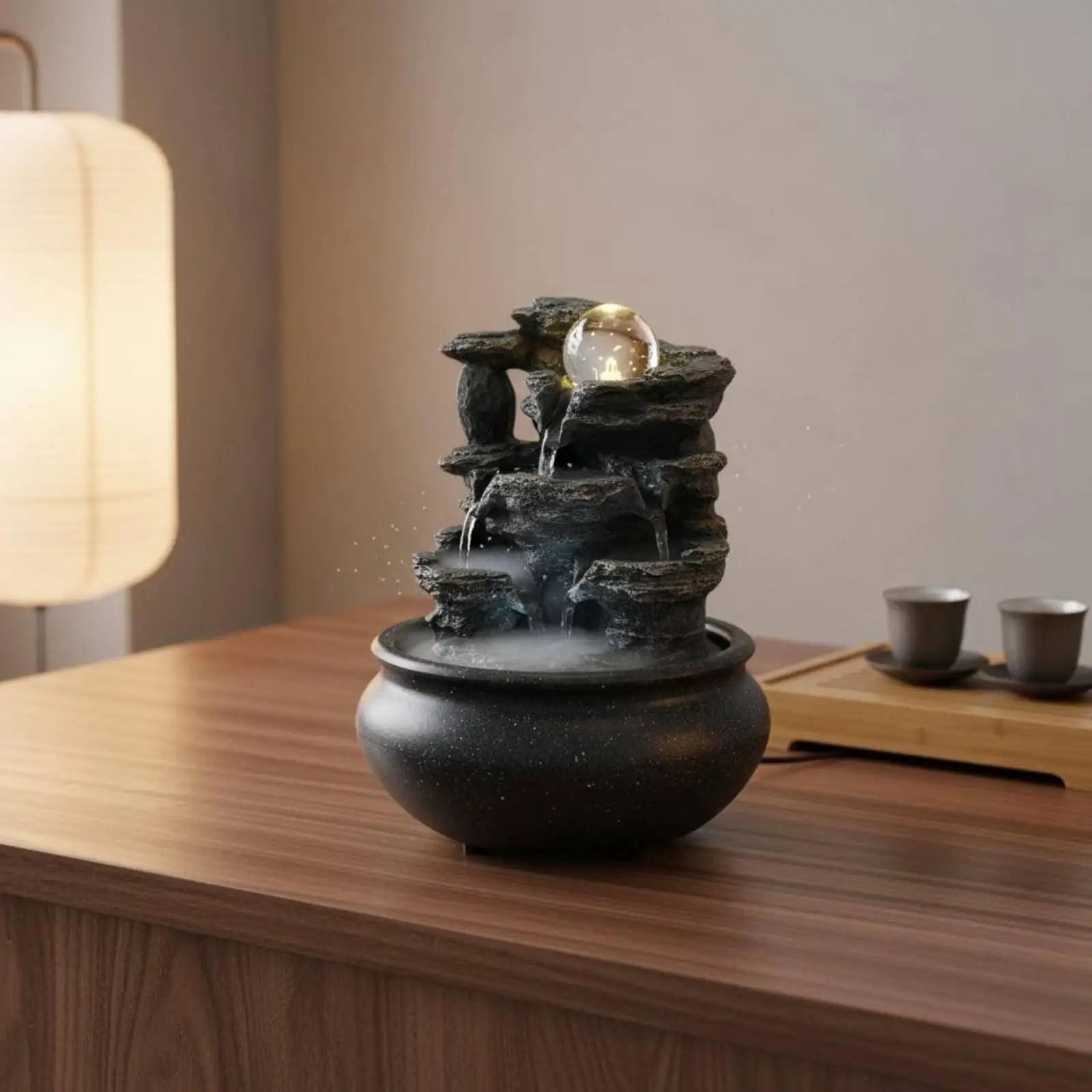 Water Feature Resin Fountain for Indoor Living Room Decor Tabletop Rockery Art with Soothing Sound USB Powered Mini Cascade