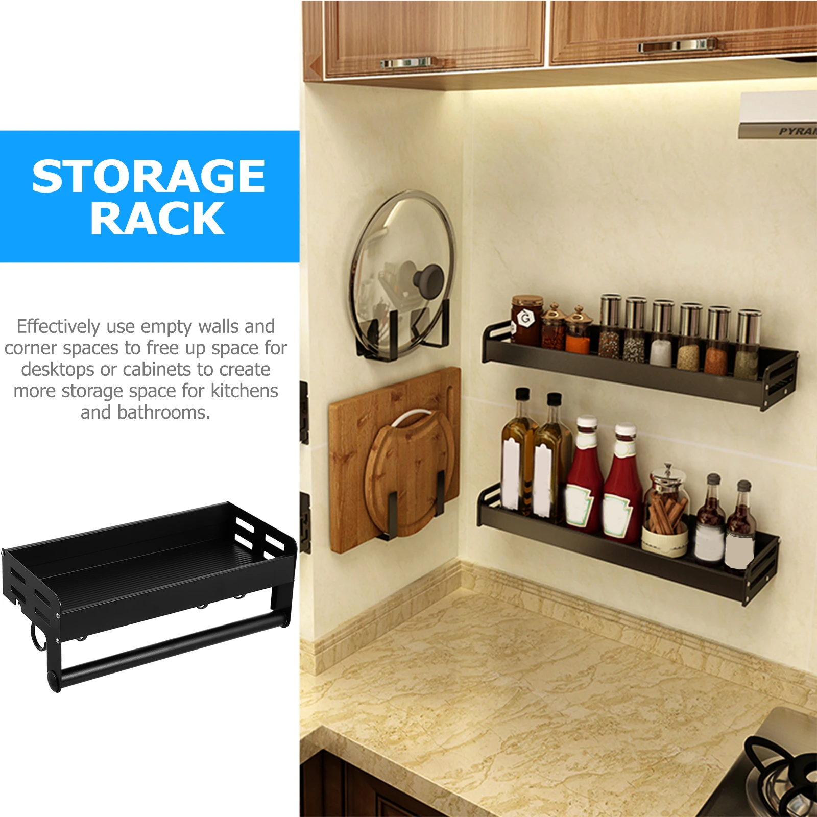

WallMounted 30cm KitchenBathroom Storage Shelf 5Hooks Thickened Aluminum SeasoningJar St Holder Rack