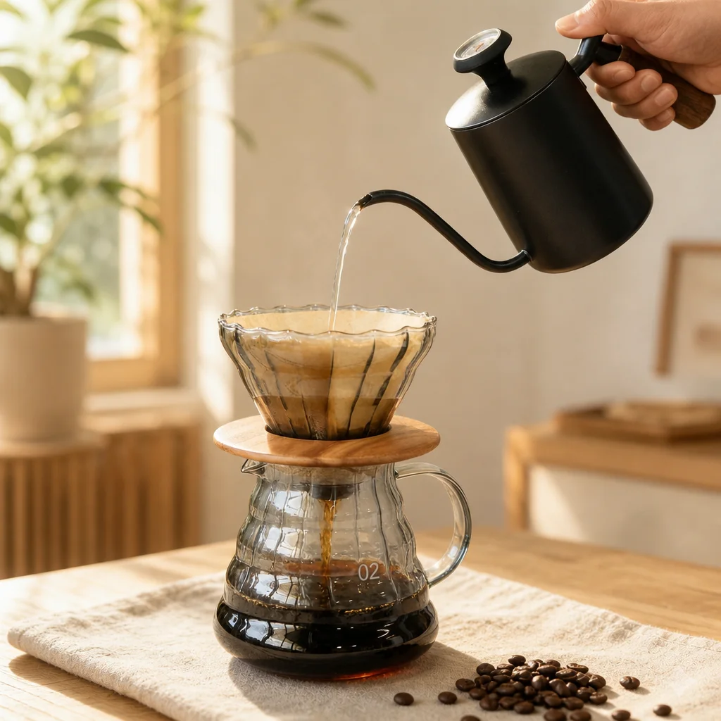 Portable Pour Over Coffee Maker Set, Gooseneck Kettle w/Thermometer, Glass Dripper & Server, for Outdoor, Office & Home