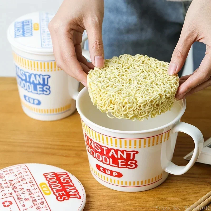 Creative Ceramic Ramen Bowl With Cover Handle Household Microwave Oven Heating Student Lunch Box Letter Instant Noodles Bowl 1Pc