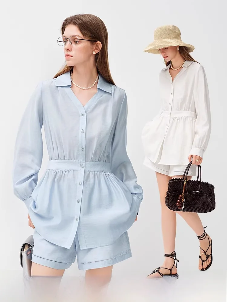 

Vanisland Spring Linen Gentle Breeze Casual Collar Waist Cinched Bubble Sve irt orts Set Soft Peach Pink Women's Faion