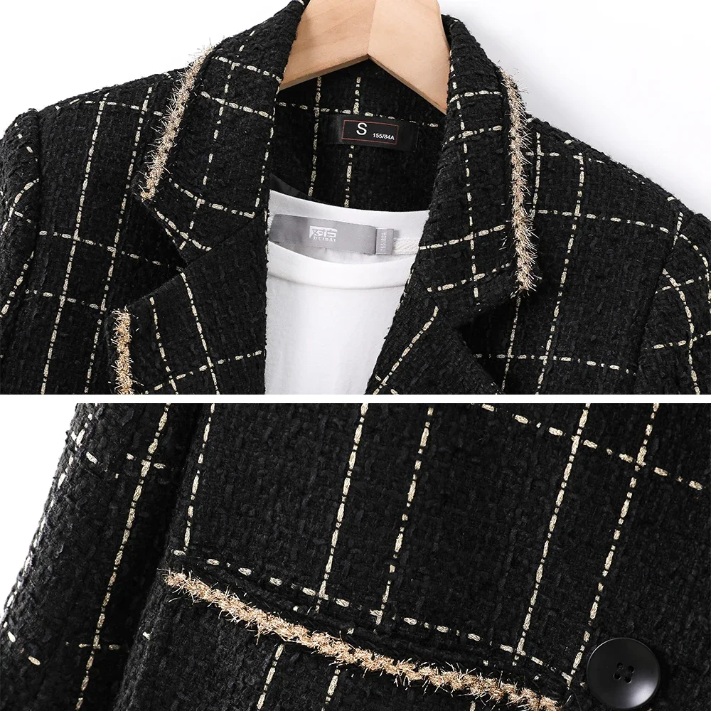 Noir Plaid Femmes imbibé Blazer Veste Élégant Blanc Blazer Printemps Automne Mode Femme S-3XL Plus Taille Y-Coat Avec Poches