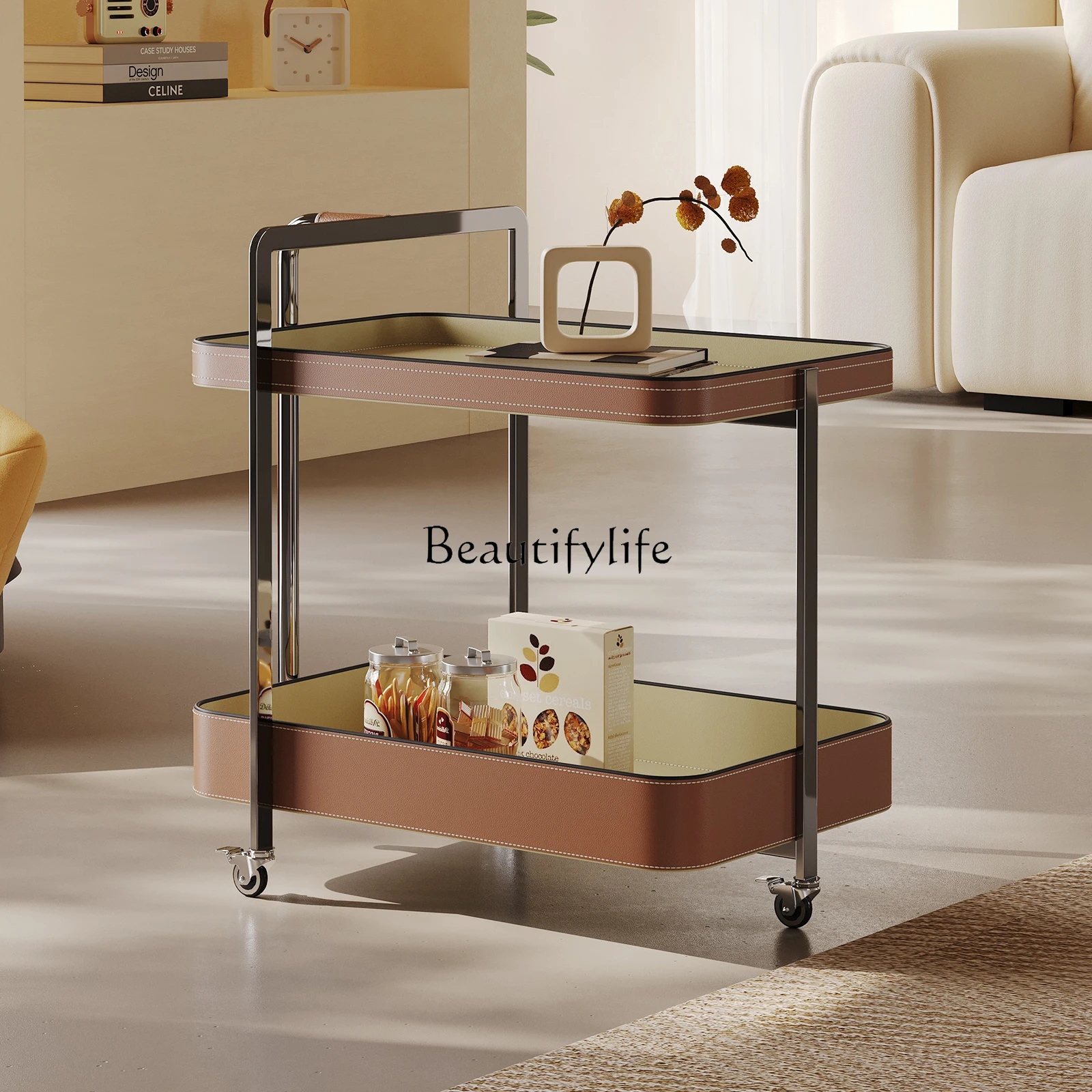 

Living room removable coffee table trolley cream wind sofa side few high-grade stainless steel saddle leather snack car dining