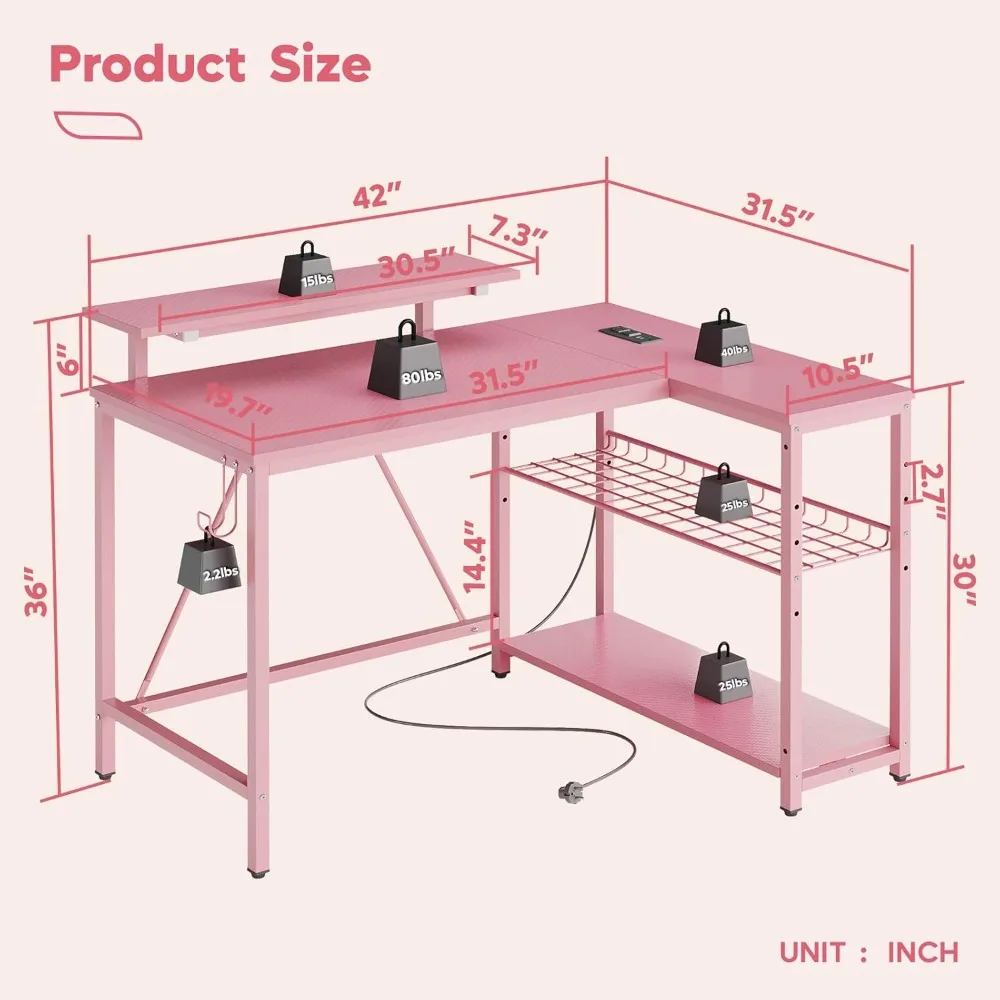 

Pink computer desk with power socket, LED small gaming corner table, reversible storage rack, L-shaped table