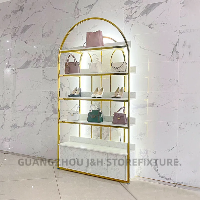 Custom.Women Shop Custom Design Semicircle Golden Shoe Rack and Handbag Display Shelf Stand with LED Light