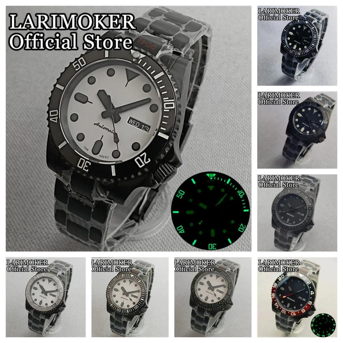 

LARIMOKER AR Sapphire Crystal 40mm NH36A Automatic Mens Watch Brush Oyster Bracelet Luminous Black white Dial 3.8 o'clock Crown