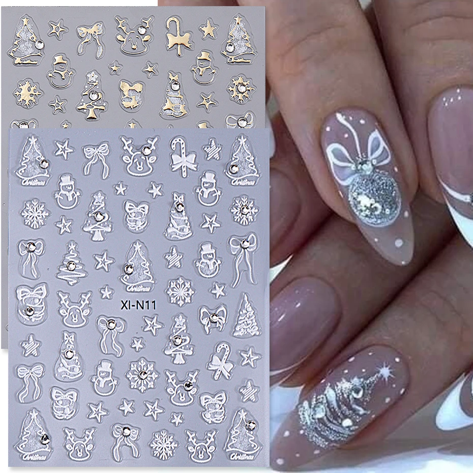 3D Christmas Nail Stickers Winter New Year Christmas Tree Snowman Elk Adhesive Sliders Lamp ball Snowflake Decals Manicure Decor