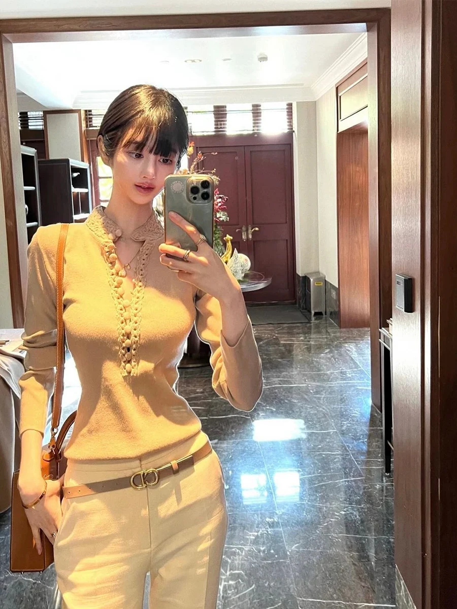 

Good Morning Fan Fan Hand Knitted High Collar Long Sve Wool Blend Top Women's Autumn Inner Wear Lenzing Lyocell Fiber