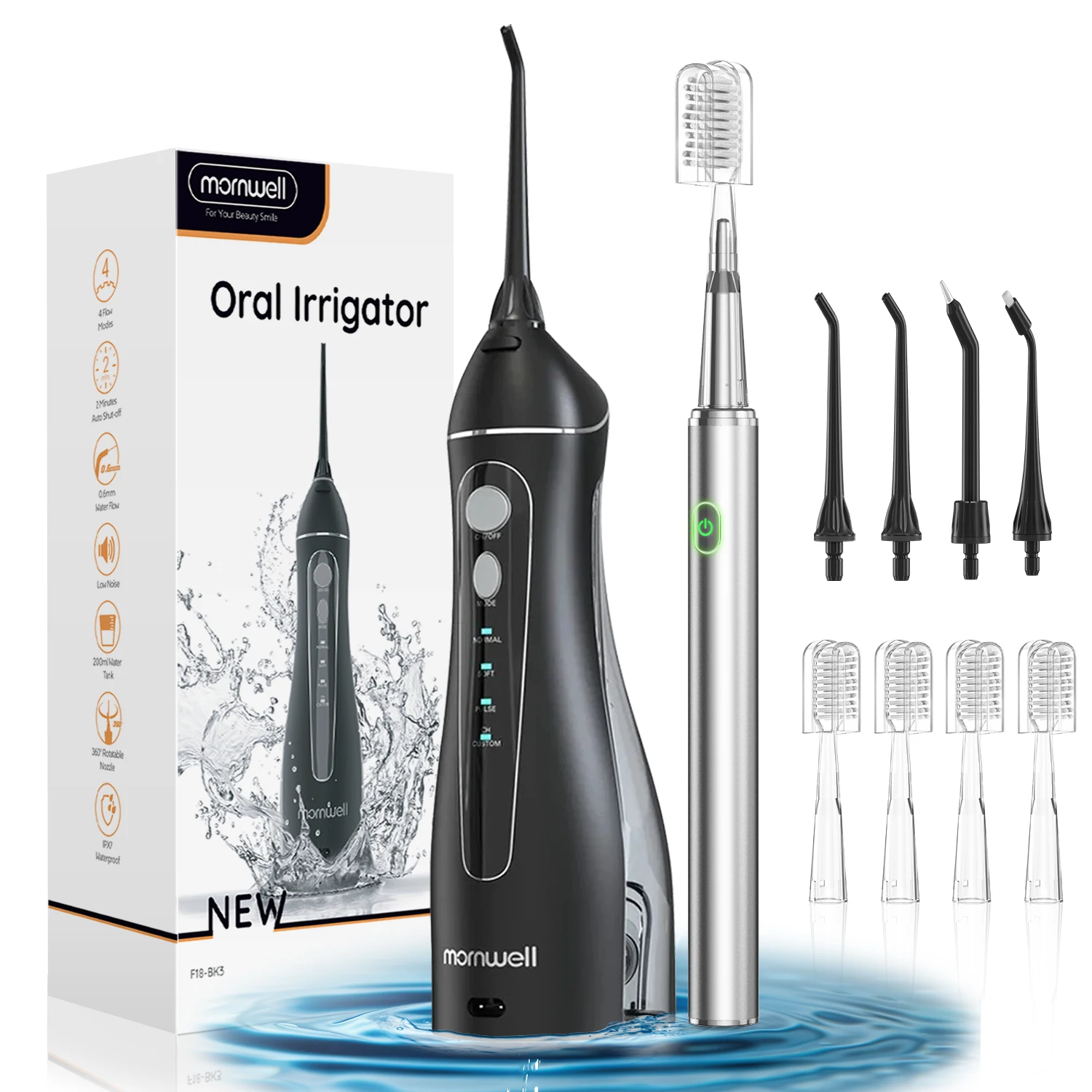 

Беспроводной ирригатор Mornwell с электрической зубной щеткой: набор 2-в-1 для ухода за полостью рта, зубами, брекетами и деснами, F18 и L1