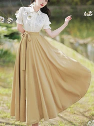 Qiukichonson Chinese Hanfu Spring Summer Skirt Women Midi Long Skirt Lace-Up High Waist A-Line Pleated Cute Ruffle Lolita Skirts