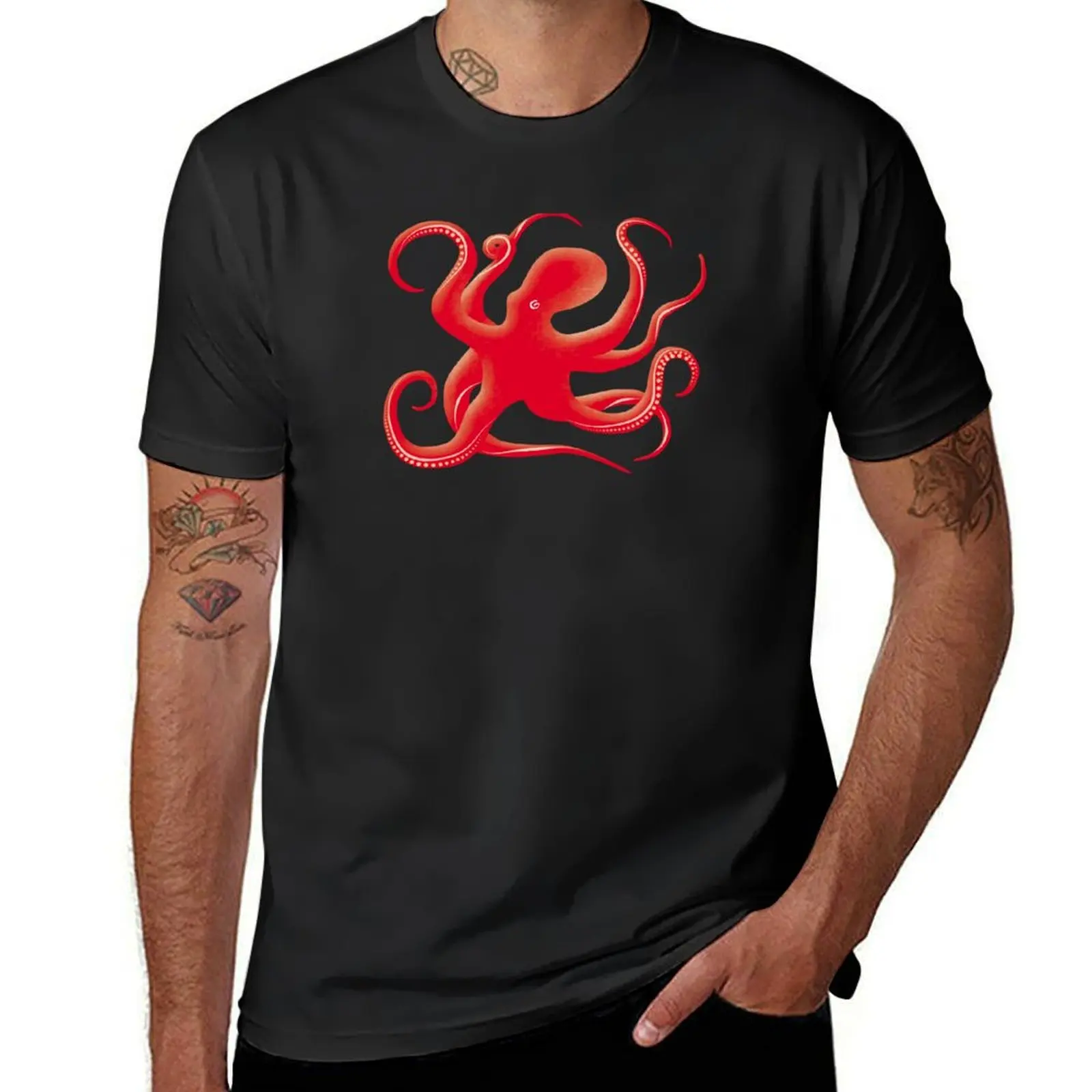 Red Octopus Silhouette T-Shirt hippie clothes plus size tops t shirts for men cotton