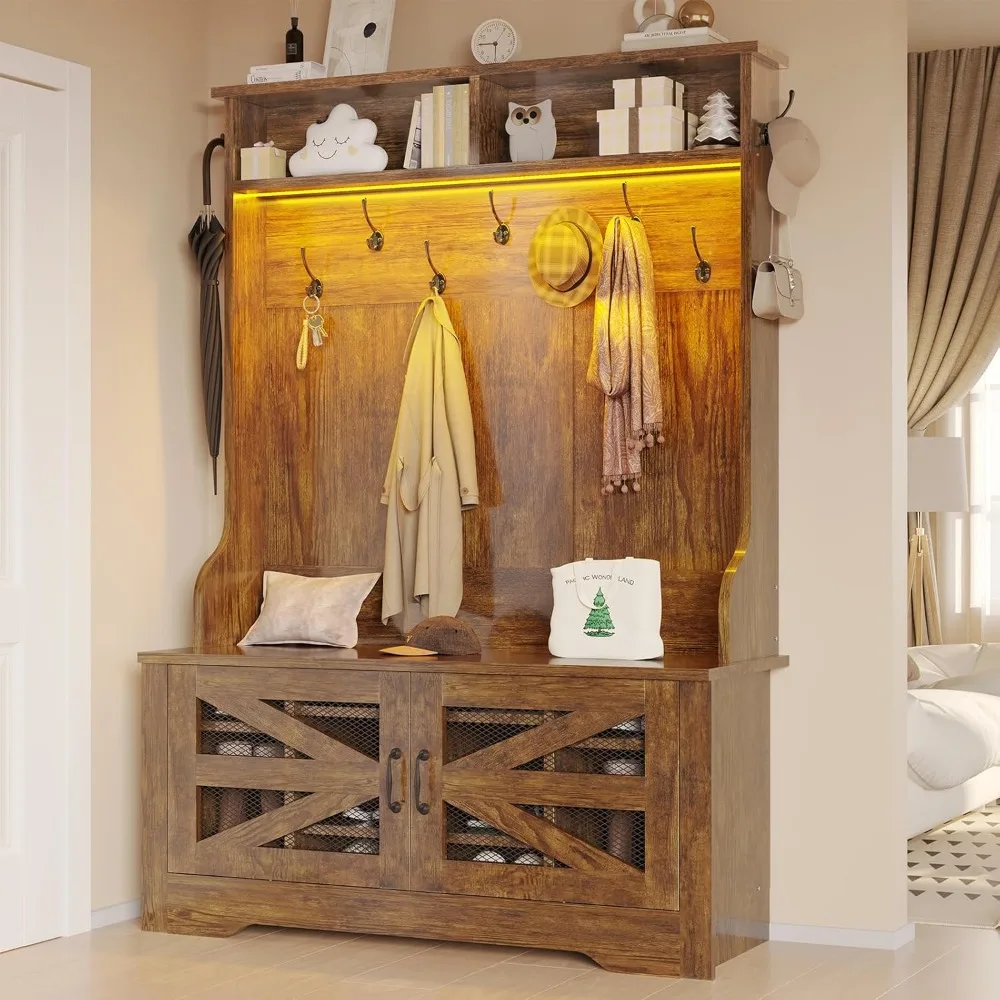 

Hall Tree with Bench and Shoe Storage, 5-in-1 Entryway Bench with Coat Rack, 10 Shoe Cubbies & 9 Coat Hooks, Barn Door & A