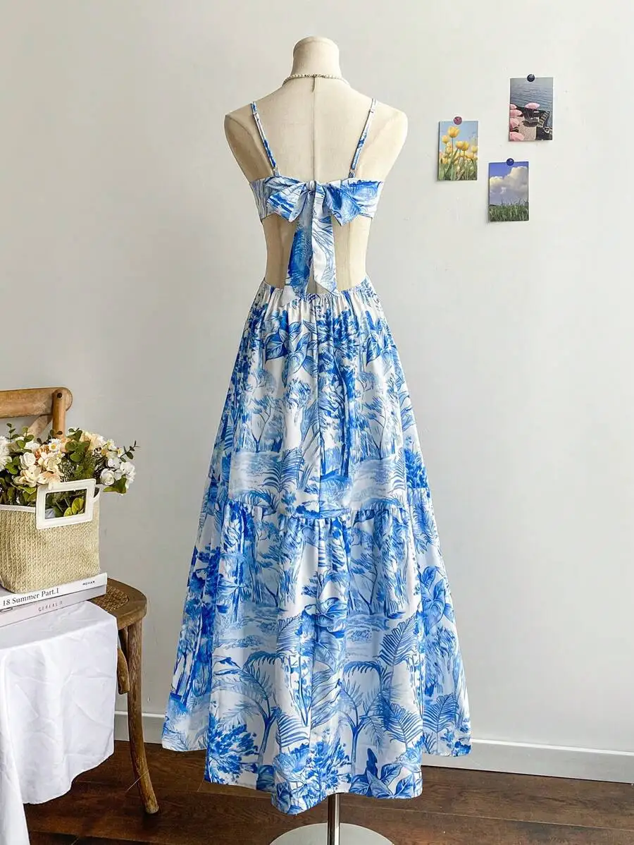 

Women Vintage Floral Print V-Neck Hollow Waist A-Line Dress For Vacation Party Beach Casual