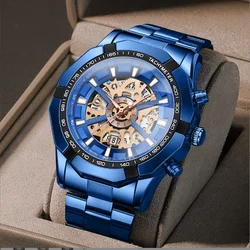 2024 Binbond Mens Watches Top Brand Luxury Stainless Steel Waterproof Hollow Out Blue Big Male Wristwatches Relogio Masculino