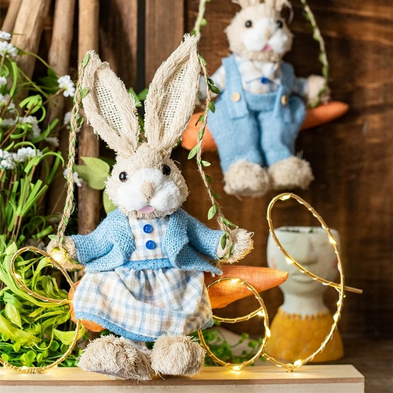 Home Decor Pastoral Straw Woven Swing Rabbit Sitting Radish Rabbit Hanging Pendant Homestay Garden Outdoor Hanging Decorations