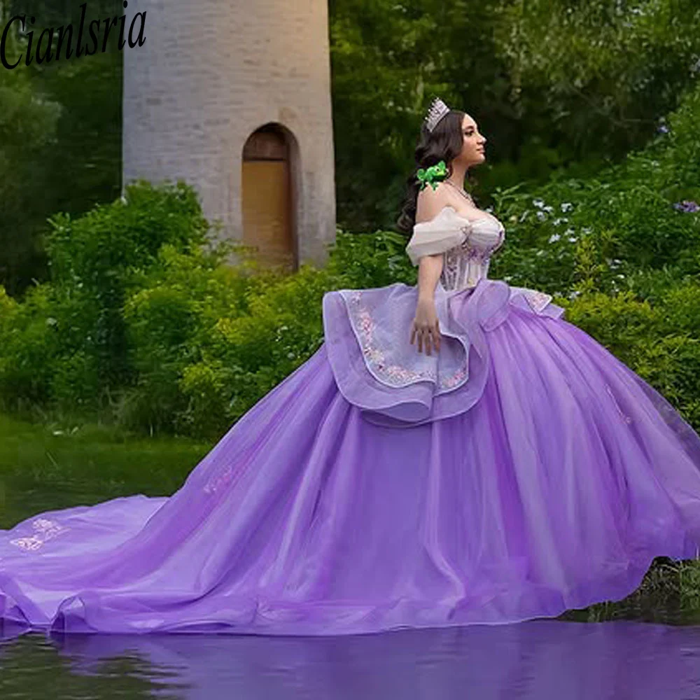 

Attractive Tulle Quinceanera Off The Shoulder Appliques Cathedral Train Rhinestones Dresses Vestidos De 15 Customized
