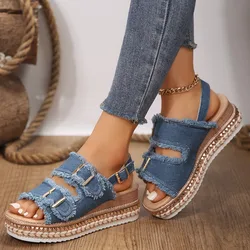 Women Wedge Sandals 2024 Summer Beach Slippers Double Buckle Non-slip Clogs Slides Women Flip Flop Platform Sandals Denim Female