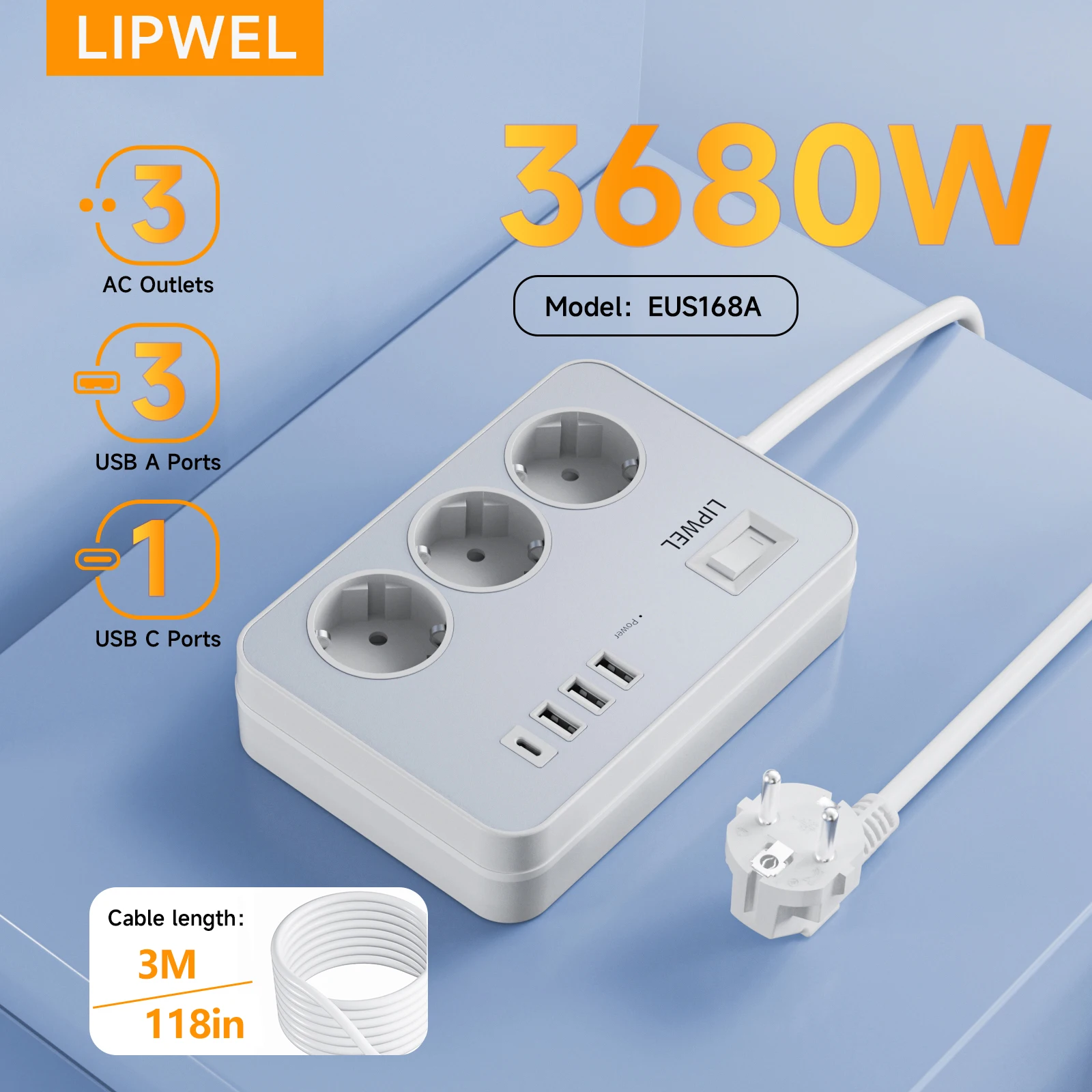 

1 шт., розетка для питания европейского стандарта с 4 USB-портами для зарядки, настенный удлинитель 16A 3680 Вт для офисного использования, белый, черный