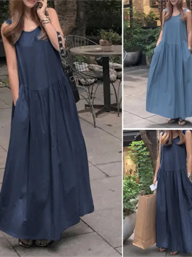 

New Loose Round Neck Sleeveless Solid Color Swing Dress 2026 Fashion Casual Temperament Vest Summer Long Swing Dress Female