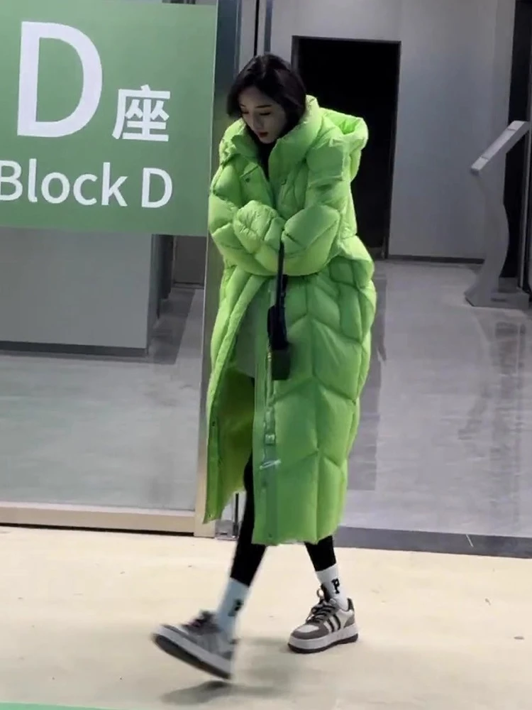 Women Green Long Down Coat 2025 Winter Oversized Duck Down Jacket Warm Knee Length Padded Parka