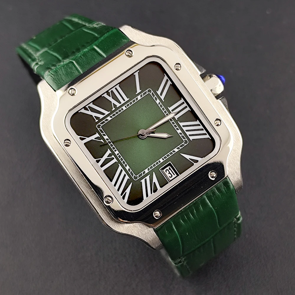 NH35 Santos montre 38mm Logo personnalisé montre montre pour hommes montre en cuir vert NH35 mouvement montre accessoires