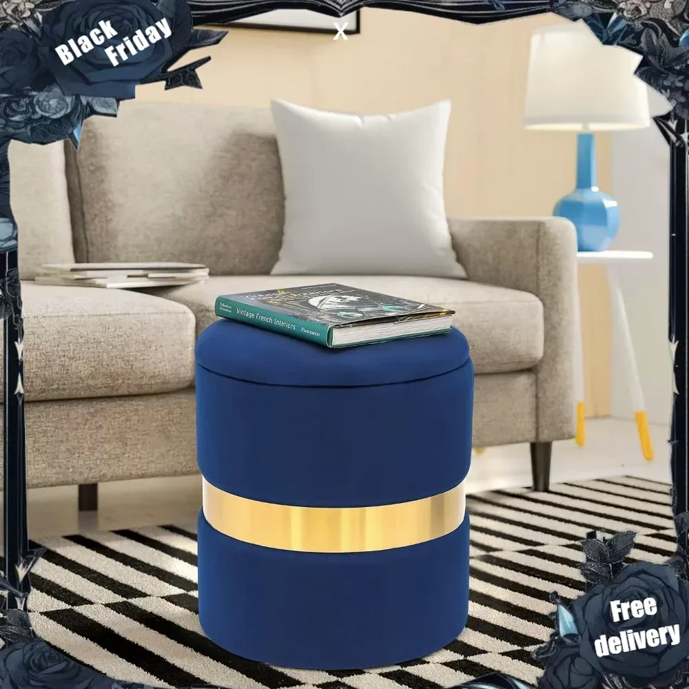 

Round Velvet Storage Ottoman Set of 2 - Footrest Upholstered Footstool Side Table Seat Make Up Stool with Metal Band (Blue)