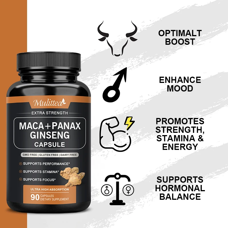 Natural Maca Root Capsules  - Contains black maca Korean Panax Ginseng，Reproductive Health Extract Supplement for Men and Women