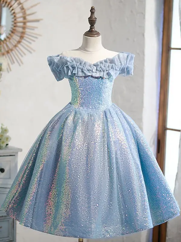 

High end Flower Girl Dress Princess Tutu Bow Girl blue Shining sequin Birthday Party Ball Dress Children's Wedding Dress Dress