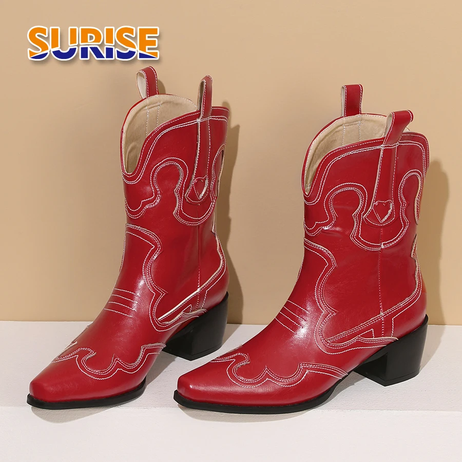 

Зимние женские ботильоны в стиле вестерн для ковбойских красных, черных швейных коротких сапог без шнуровки на высоком блочном каблуке с вышивкой в стиле пастушки