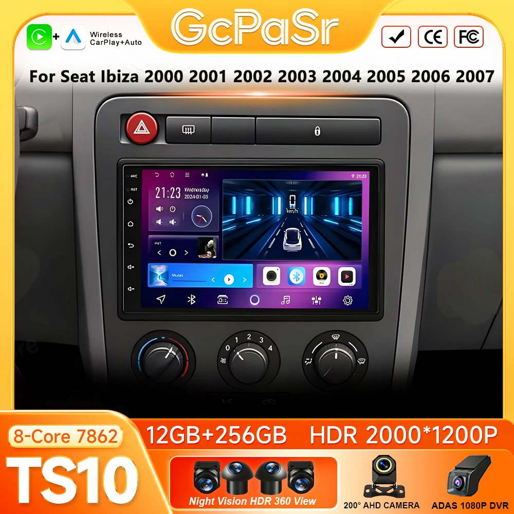 Radio para Auto con Carplay, GPS, Navegación, Android Auto, WiFi, Bluetooth, 4G, Sin 2din, para Seat Ibiza 2000 2001 2002 2003 2004 2005 2006 2007