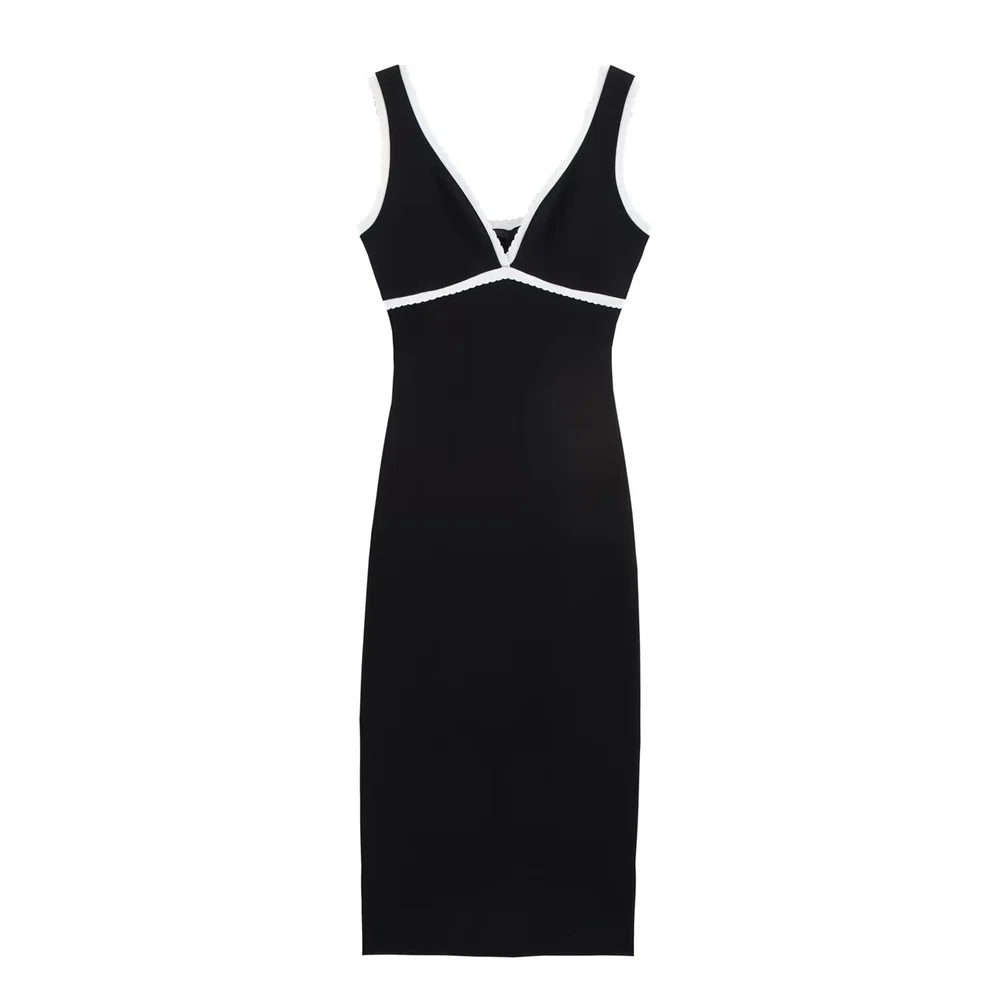 Feminino elegante simples cor contraste camada vestido verão nova moda sexy com decote em v sem mangas vestido longo