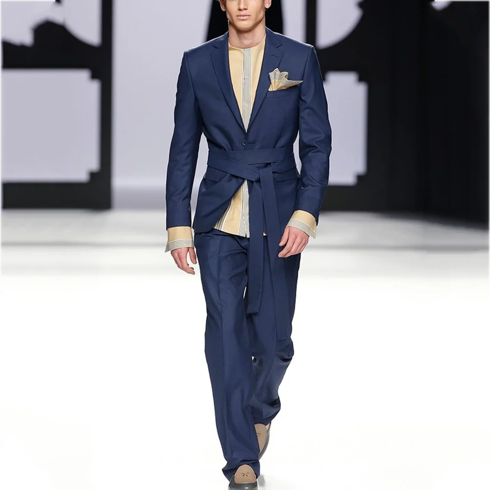 

Тонкий костюм с лацканами для мужчин, модная одежда на заказ, однобортный пиджак с поясом, повседневный мужской костюм для выпускного вечера