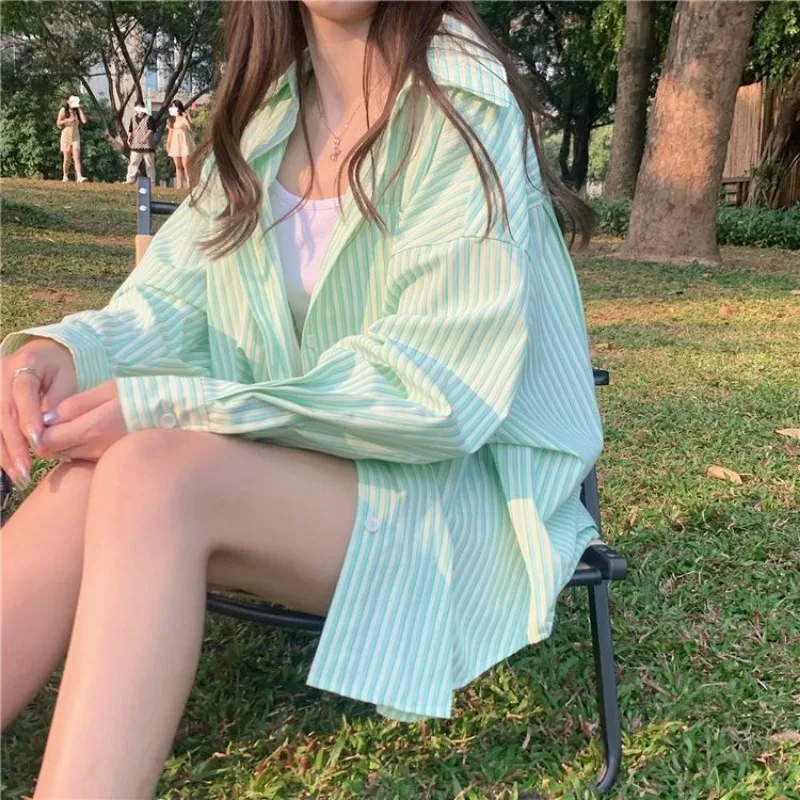 Basic Summer Stripe Shirt Green Pink Long Sleeve Blouses Striped Top Korean Popular Women\'s Clothes 2023 Youthful Woman Clothes