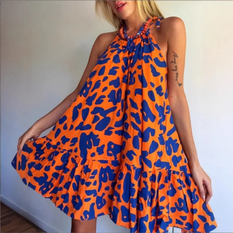 

Summer Beach Dress Women Sexy Halter Sleeveless Ruffles Loose Mini Dress Fashion Floral Print A-Line Short Dresses Boho Vestido