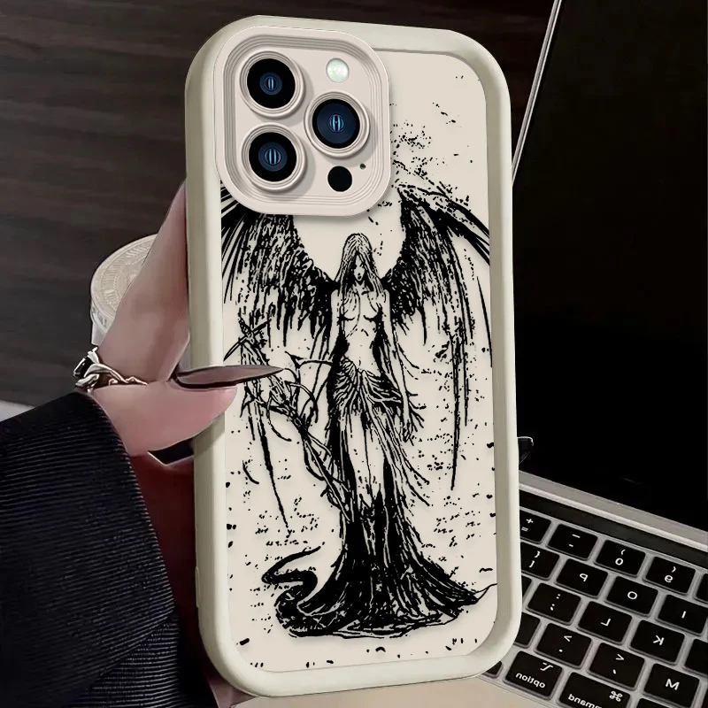 Soft Liquid Silicone Phone Case for iPhone 15 14 13 12 11 Pro Max XS X XR 8 7 6S 6 Plus SE 2020 Luxury Punk Black Angel Cover