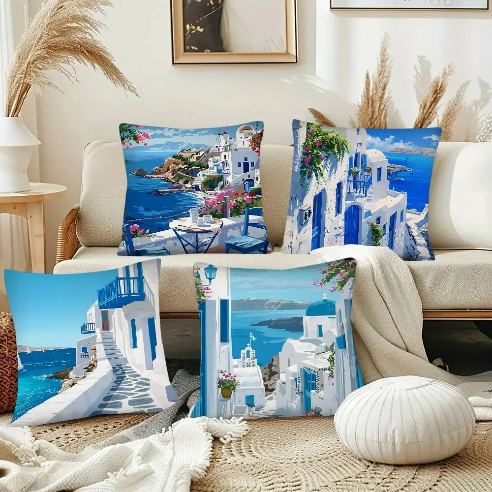 Blue Greek Santorini Pillow Case Fashion Square Pillowcase Bedroom Sofa Room Ins Decoration Leisure